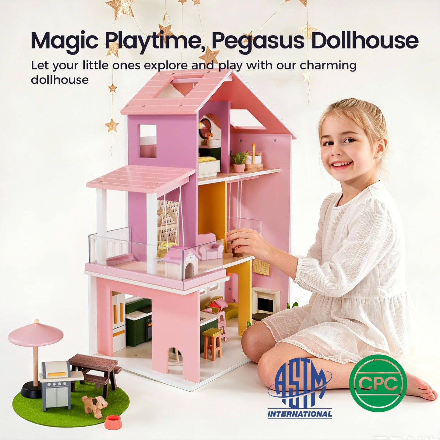 Tiny Land Wooden Doll House, Modern Family Dollhouse with Realistic Design