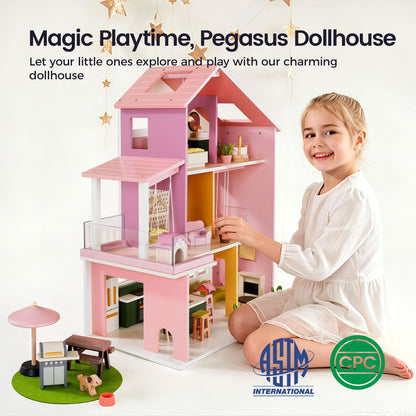 Tiny Land Wooden Doll House, Modern Family Dollhouse with Realistic Design