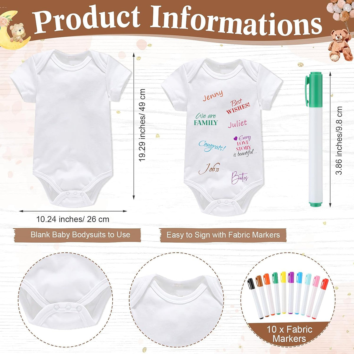 Qunclay 12 Pcs Baby Bodysuit Baby Shower Game Include 1 Game Wooden Sign Tabletop Decor 1 White