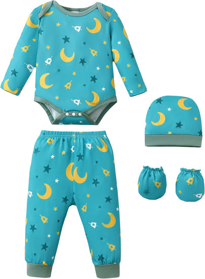 NZRVAWS Newborn Baby Boy Girl Clothes Unisex Infant Romper Pants Set Hat 4-Pack Outfits 0-12 Months