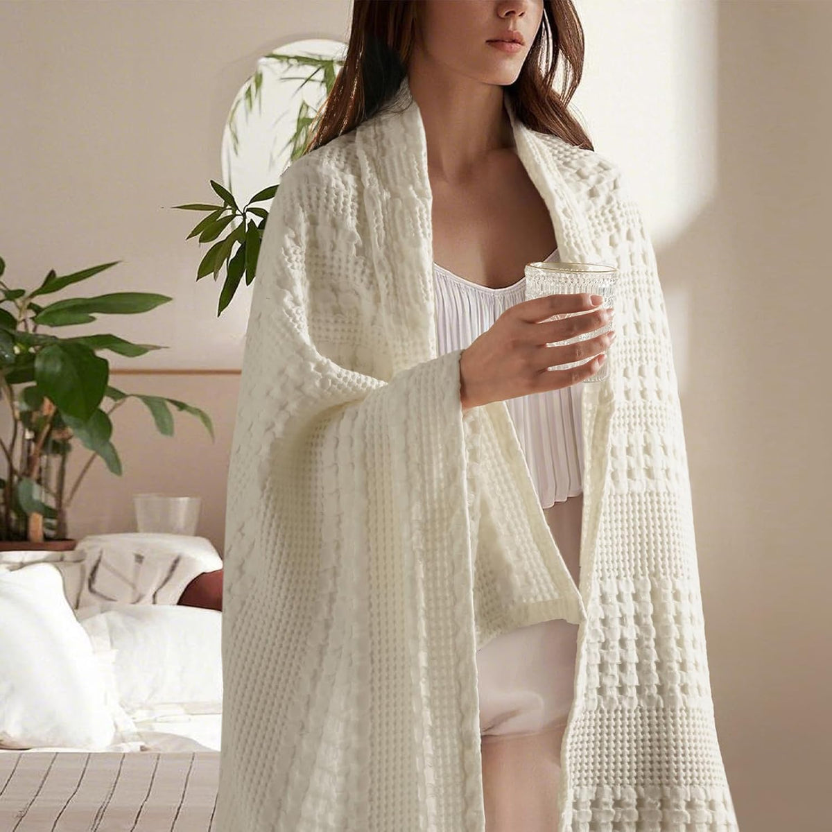 PHF 100% Cotton Waffle Weave Throw Blanket, Soft Lightweight Breathable Cozy Summer Throws for