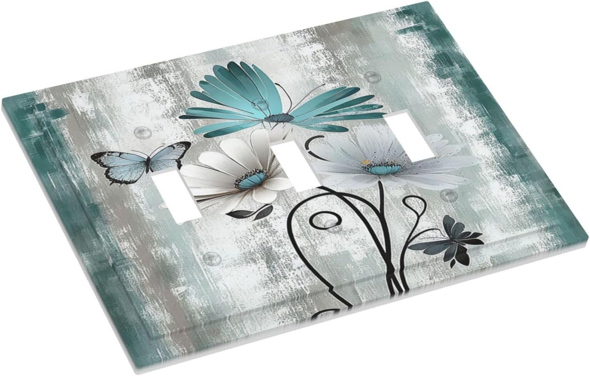Decorative Switch Plates Rustic Teal Daisy Floral Flowers Butterfly Wood Grain 3 Gang Wall Plate