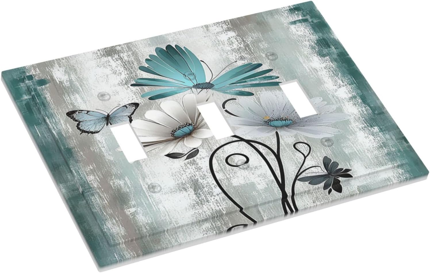 Decorative Switch Plates Rustic Teal Daisy Floral Flowers Butterfly Wood Grain 3 Gang Wall Plate