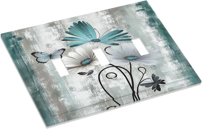 Decorative Switch Plates Rustic Teal Daisy Floral Flowers Butterfly Wood Grain 3 Gang Wall Plate