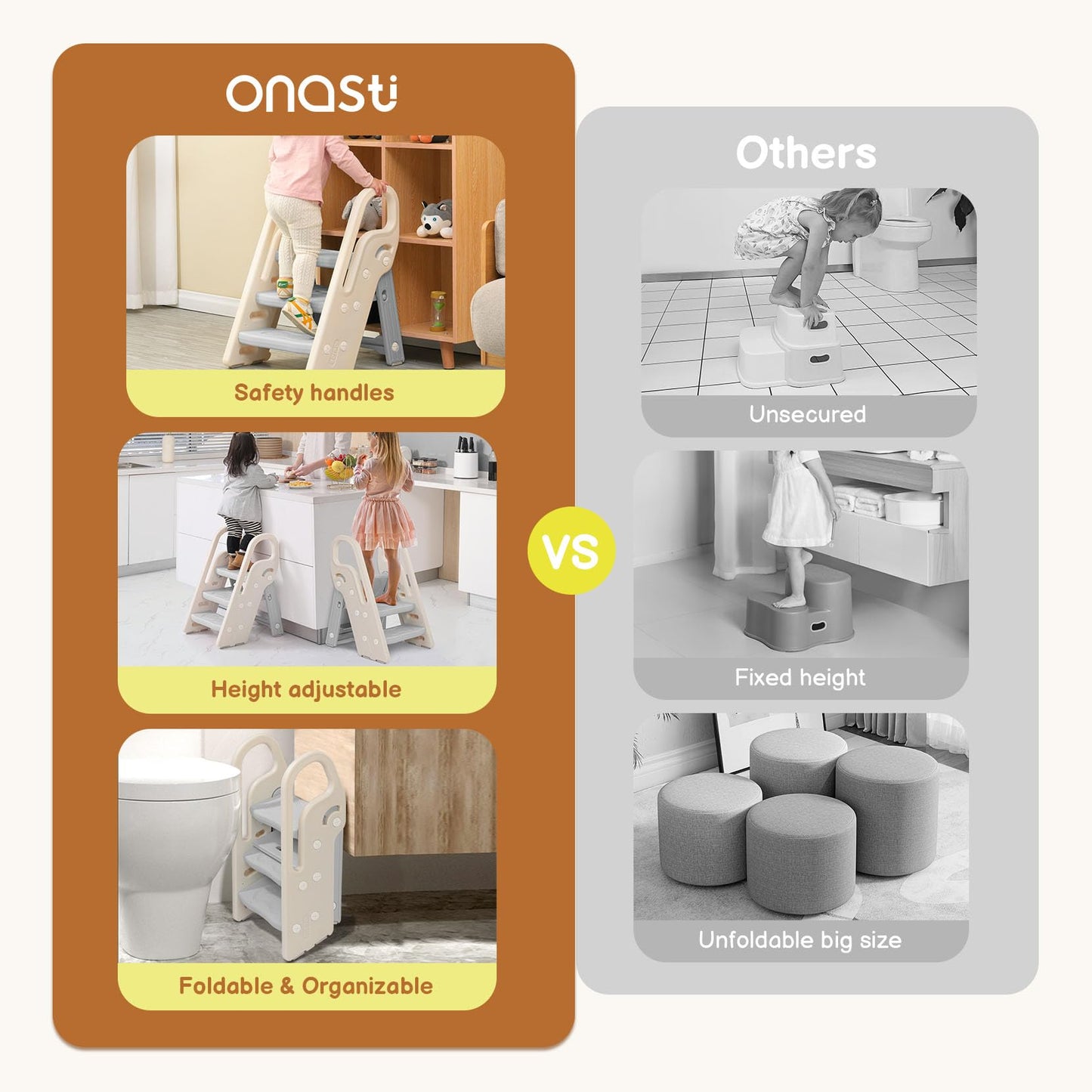Onasti Foldable Step Stool for Bathroom Sink, Adjustable 3 Step Stool for Kids Toilet Potty