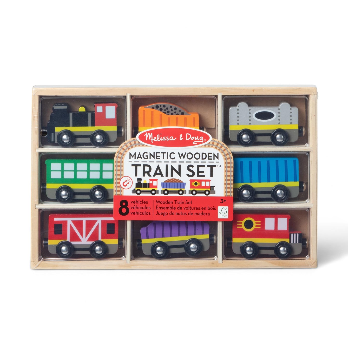 Melissa & Doug Wooden Train Cars, 8-Piece Magnetic Train Set with Toy Storage Tray, Steam Engine
