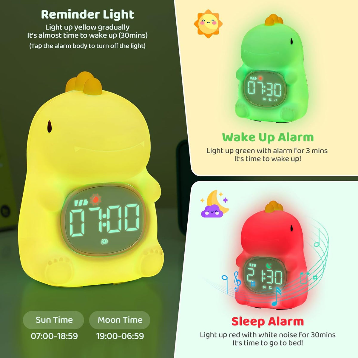 Dinosaurs Alarm Clock with Night Light for Kids with Sleep Training and Sound Machine, Rechargeable