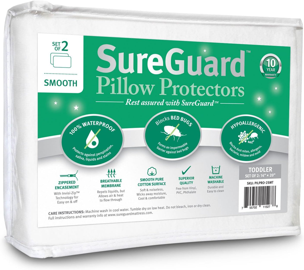 Set of 2 Travel Size SureGuard Pillow Protectors - 100% Waterproof, Bed Bug Proof, Hypoallergenic