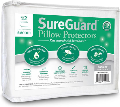 Set of 2 Travel Size SureGuard Pillow Protectors - 100% Waterproof, Bed Bug Proof, Hypoallergenic
