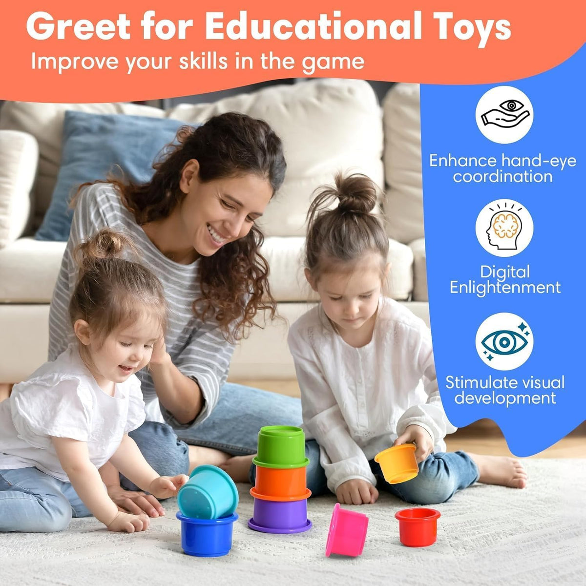 jojnawa 8 Pcs Stacking Cups Baby Stacking Toys, 8 Colors Educational Nesting Cups, Montessori