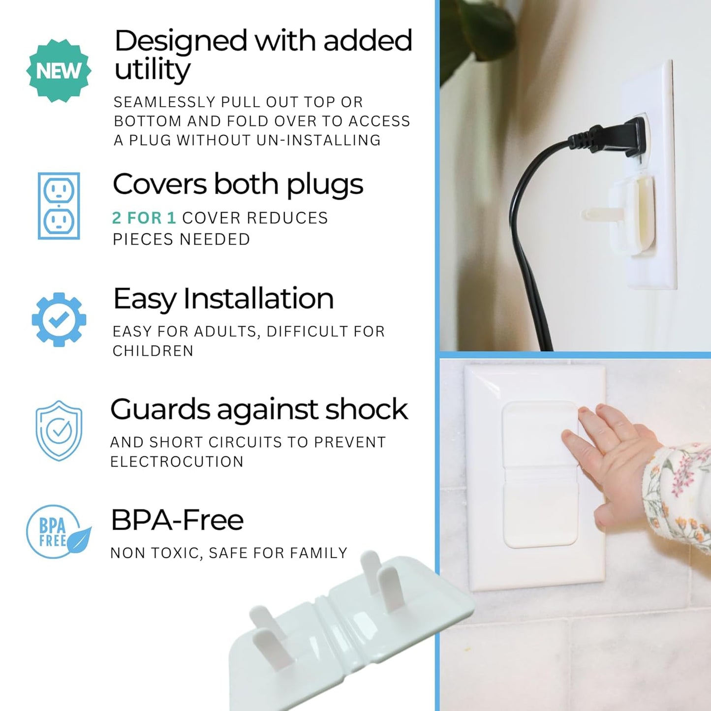 White Double Outlet Covers Baby Proofing (10 Pack, 20 Sockets) | Baby Proof Plug Covers for