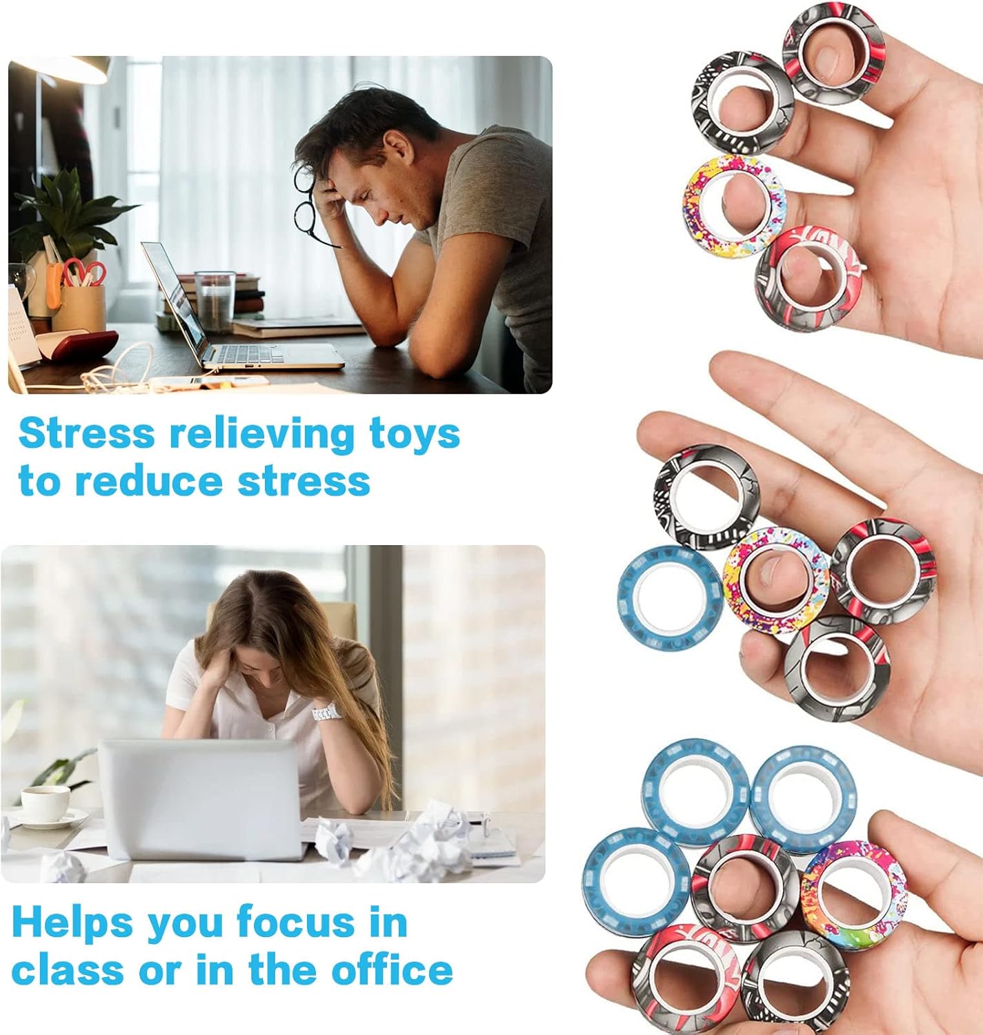 24Pcs Magnetic Rings Fidget Toys Spinner Set,Finger Magnet Rings Endless Hours of Fun ADHD Stress