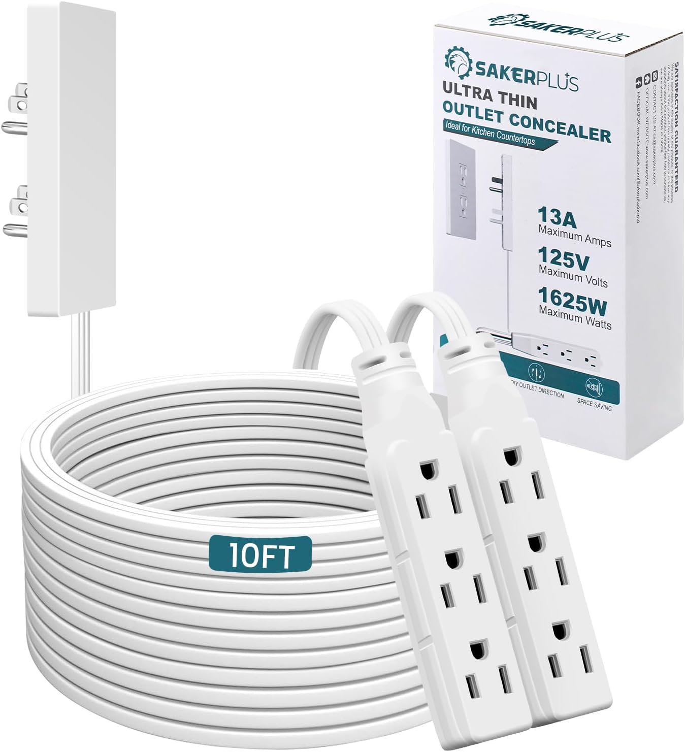 Outlet Concealer Power Strip-Outlet Cover Extender with 3AC Outlets-10ft Flat Plug Extension