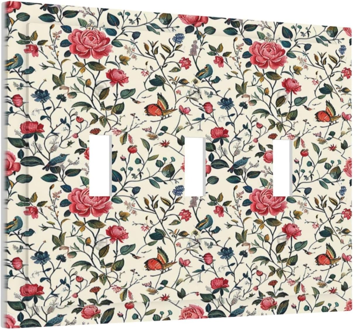 Decorative Switch Plates Vintage Flowers Rose Leaf Bird Butterfly 3 Gang Wall Plate Triple Toggle