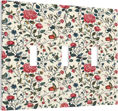 Decorative Switch Plates Vintage Flowers Rose Leaf Bird Butterfly 3 Gang Wall Plate Triple Toggle