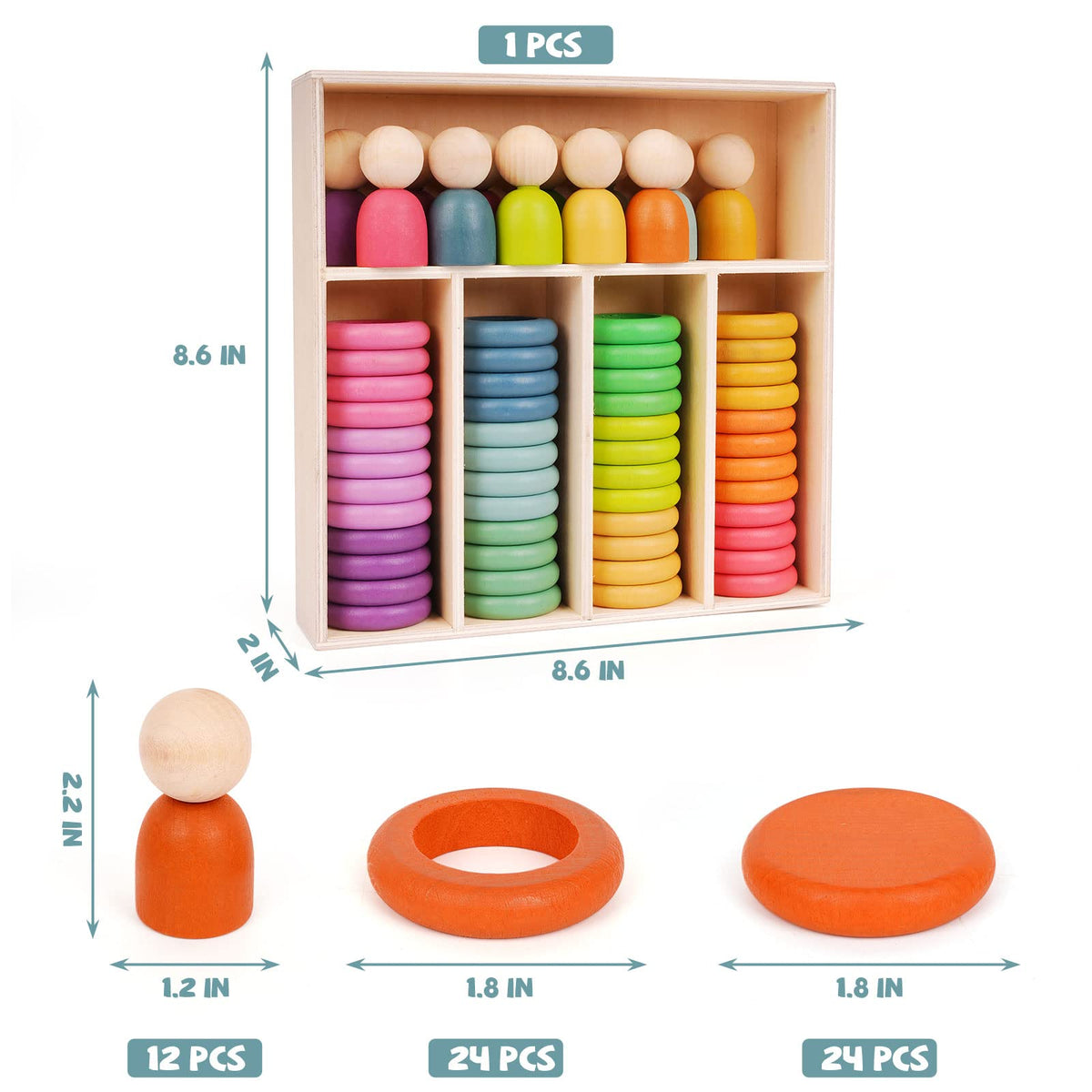 Montessori Toys Wooden Color Sorting Stacking Rings Toy Rainbow Wooden Peg Dolls Counting Toys