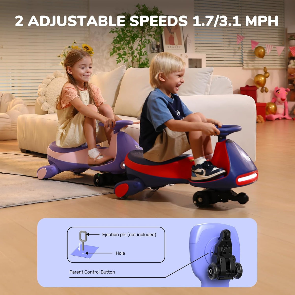 FanttikRide 6V N7 Classic Electric Wiggle Car with Pedal, Rechargeable Battery, Ride on Toys, Swing