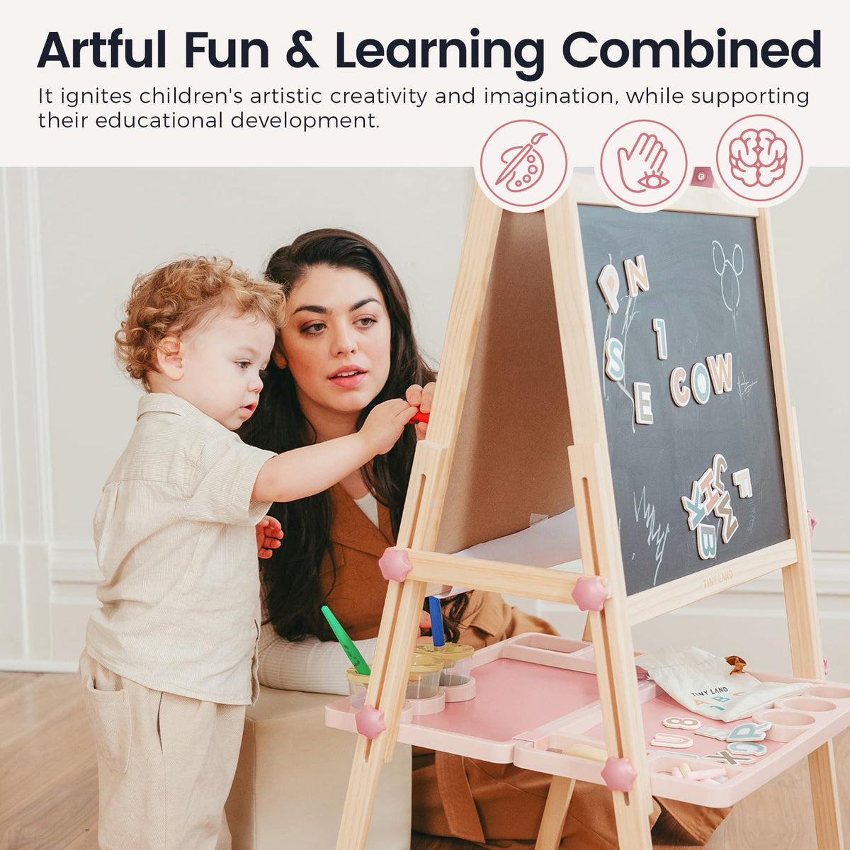 Tiny Land Foldable Wooden Kids Easel with Magnetic Letters & Numbers