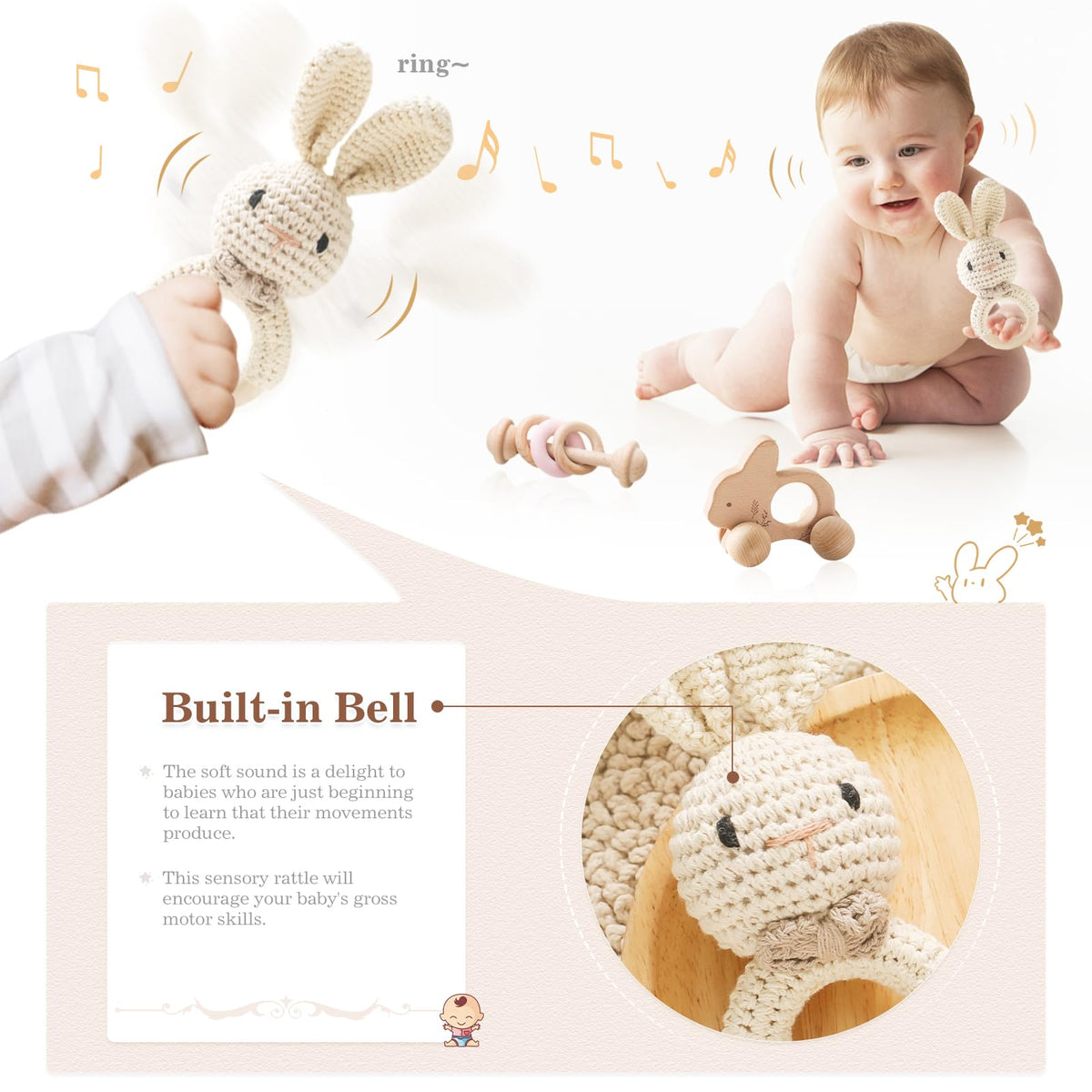 let's make Wooden Baby Rattle 3 PCS Push Car Rattle Set Crochet Rattle Ring Wooden Montessori Toy