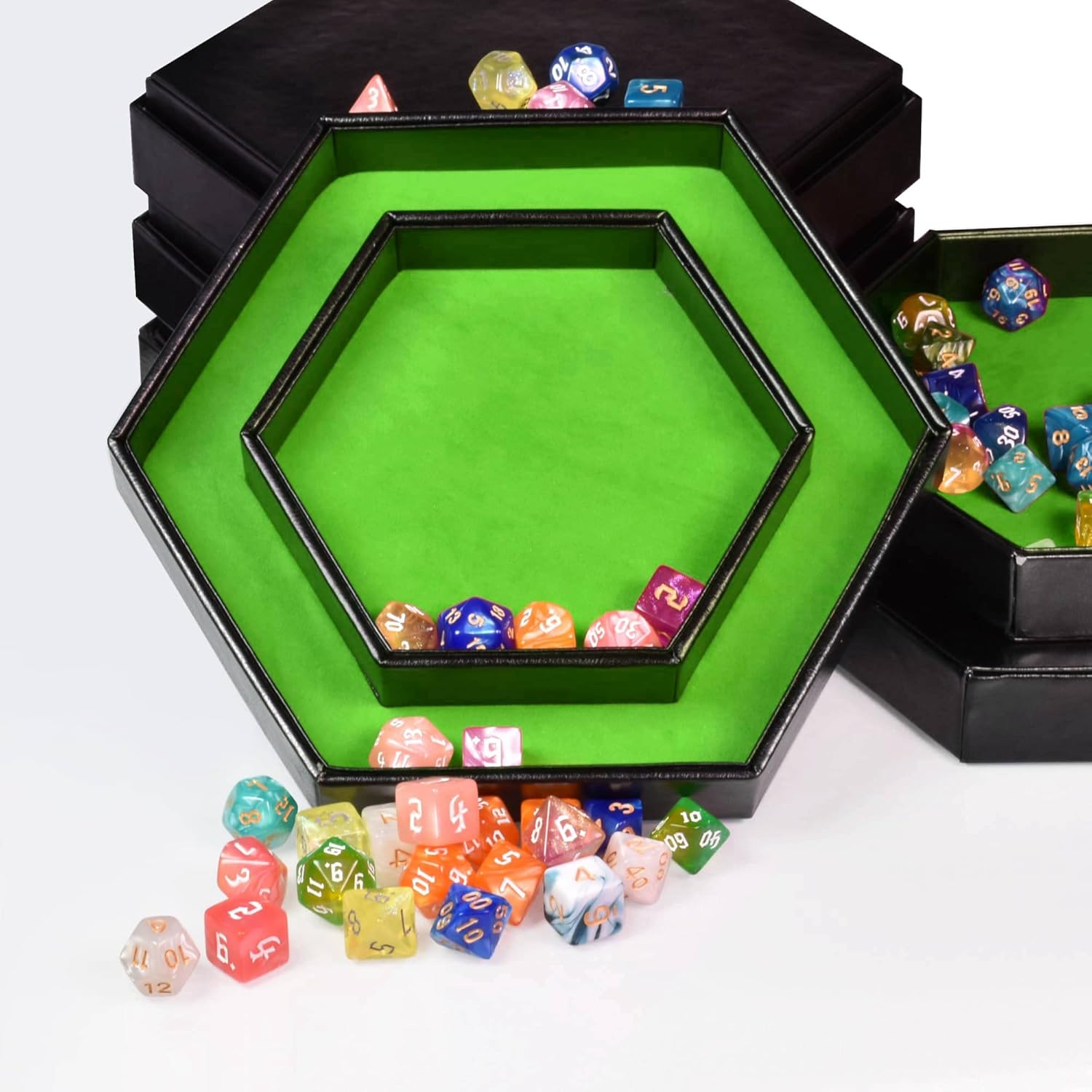 DND Dice Tray - 2 in 1 Hexagonal Rolling and Storage Tray, Faux Leather Material, Green Color