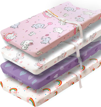 4 Pack Baby Girl Changing Pad Covers Sheets Set Soft Fitted Floral or Elephant Theme Baby Girl