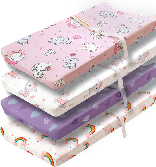 4 Pack Baby Girl Changing Pad Covers Sheets Set Soft Fitted Floral or Elephant Theme Baby Girl
