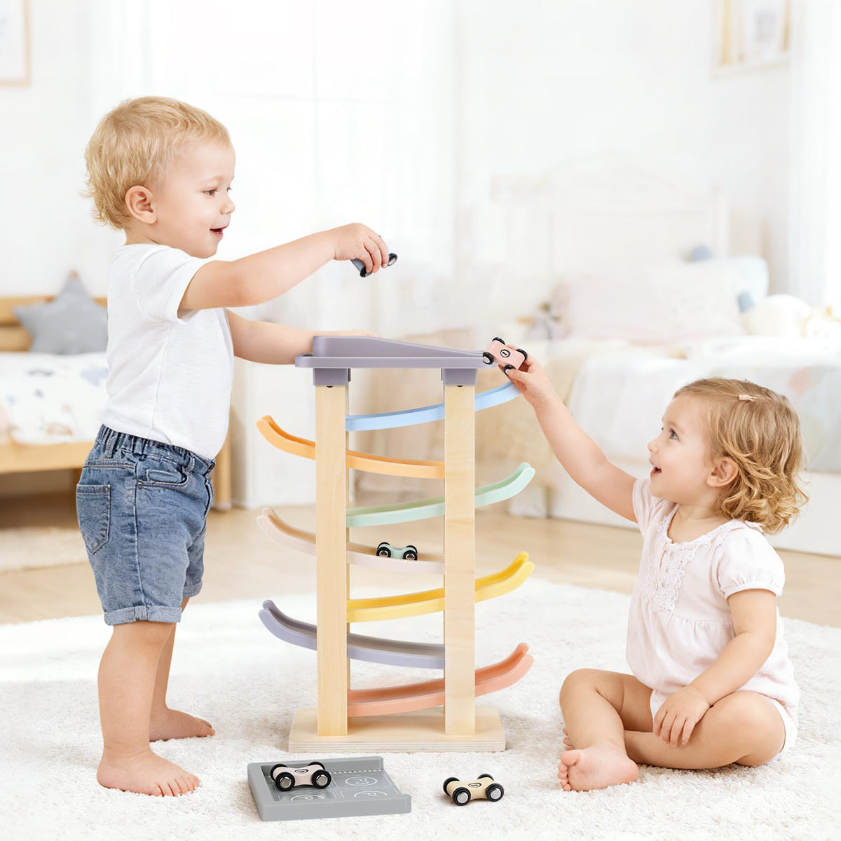 Joyreal Montessori Toddler Toys for 1 2 3 Year Old Wooden Car Ramp Toys