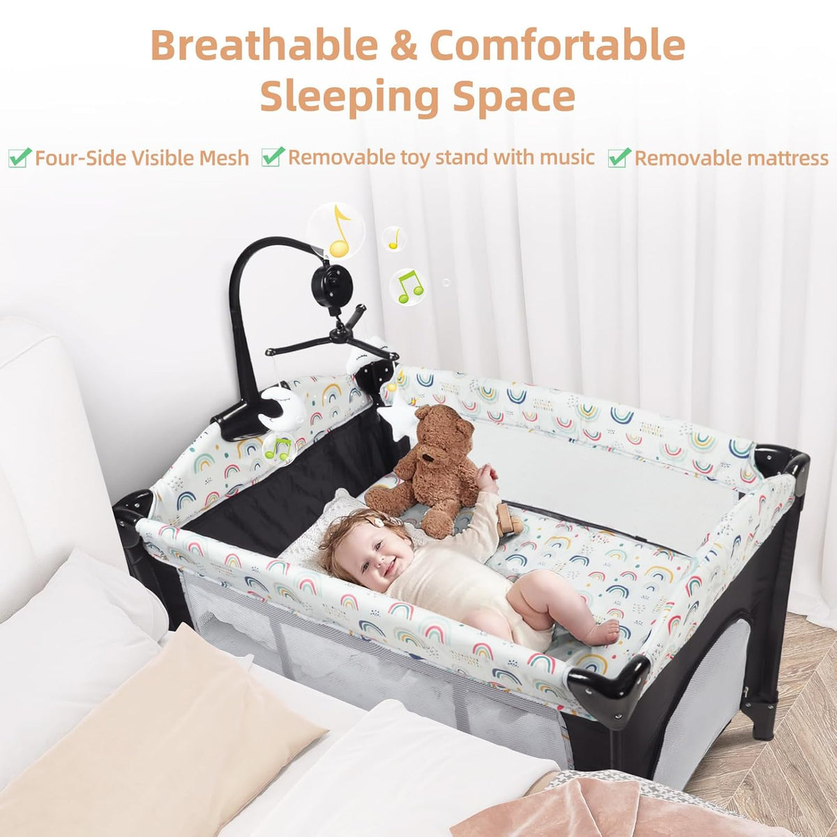 Kinder King 4 in 1 Portable Nursery Center, Foldable Baby Bedside Crib w/Bassinet, Infant Pack n