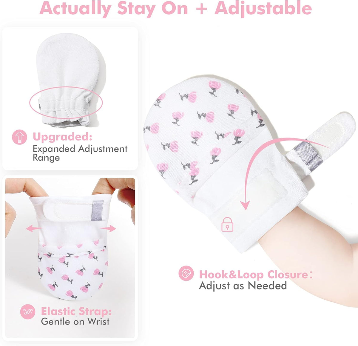 HAPIU Baby No Scratch Mittens Stay On, 100% Cotton Breathable, Adjustable Infant Gloves for Boys