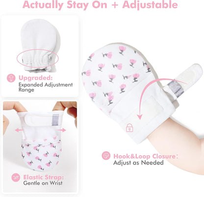 HAPIU Baby No Scratch Mittens Stay On, 100% Cotton Breathable, Adjustable Infant Gloves for Boys