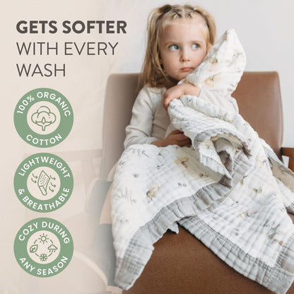 Organic Cotton Muslin Baby Blanket for Boys and Girls - Luxurious Soft Toddler Quilt for Swaddling