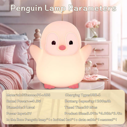 Pink Penguin Night Light,Food Grade Soft Silicone Nursery Nightlight for Baby,LED Squishy Novelty