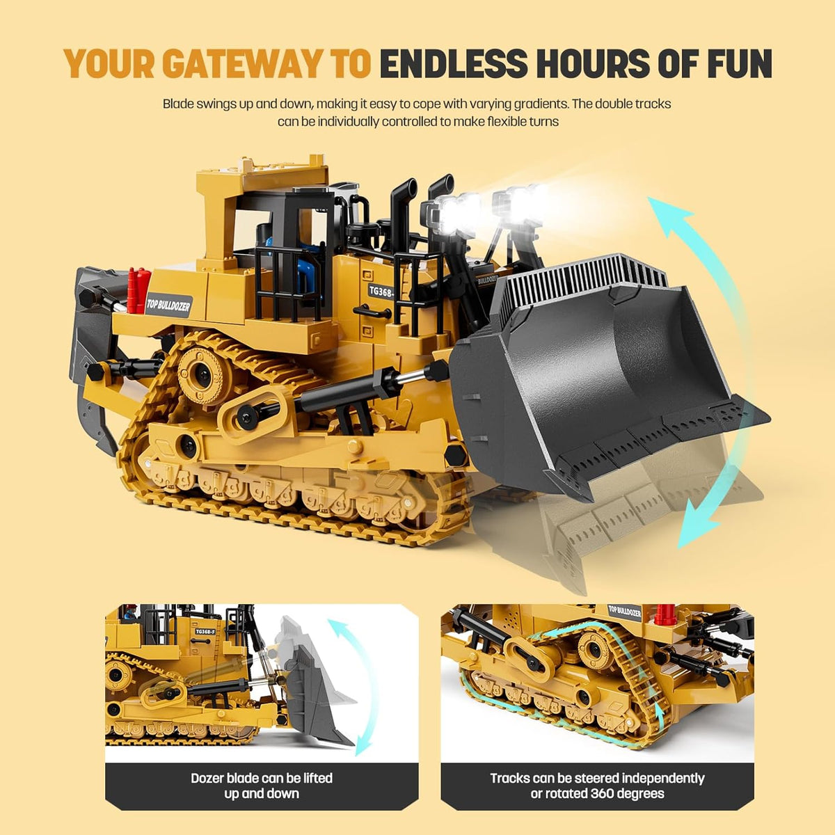 9-Channel Metal RC Bulldozer - Realistic Remote Control Kids Construction Play Toys with Lights and