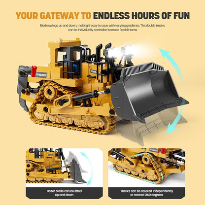 9-Channel Metal RC Bulldozer - Realistic Remote Control Kids Construction Play Toys with Lights and