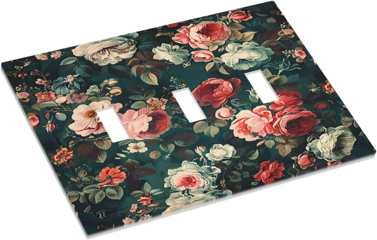 Decorative Switch Plates Baroque Vintage Peony Flower Floral 3 Gang Wall Plate Triple Toggle Light