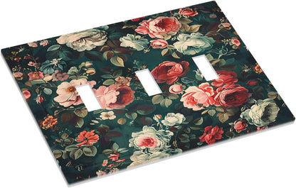 Decorative Switch Plates Baroque Vintage Peony Flower Floral 3 Gang Wall Plate Triple Toggle Light