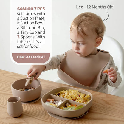SAMiGO Silicone Baby Feeding Set, Baby Led Weaning Supplies, Suction Bowl Plate Bib Cup Self