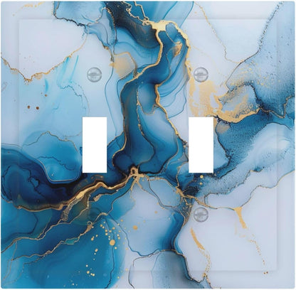 Decorative Switch Covers Plate Modern Abstract Blue Gold Line Marble 2 Gang Wall Plate Unique