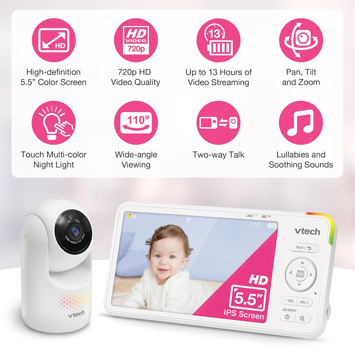 VTech 5.5" IPS Screen 720P Video Baby Monitor with Camera and Audio, Pan-Tilt-Zoom, Night Light