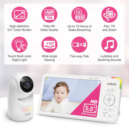 VTech 5.5" IPS Screen 720P Video Baby Monitor with Camera and Audio, Pan-Tilt-Zoom, Night Light