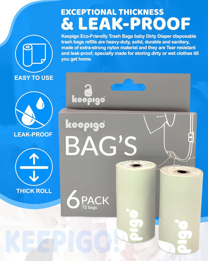 Compostable Disposable Diaper Bags Refills | 6 Rolls, 72 Leak-Proof, XL Biodegradable Baby Poop