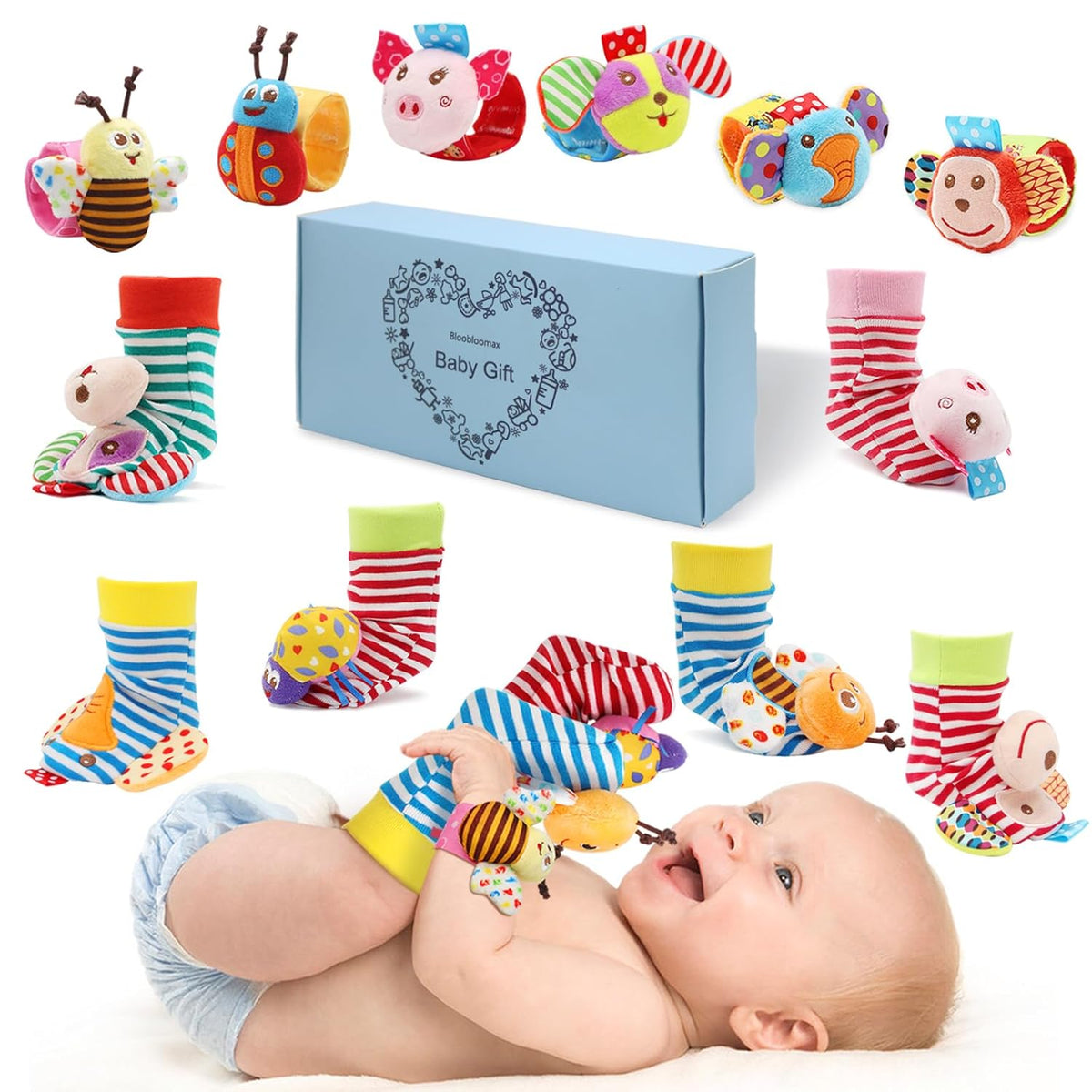Bloobloomax Baby Soft Toy Foot Finder Socks Wrists Rattles - Ankle Leg Hand Arm Feet Rattle Toy