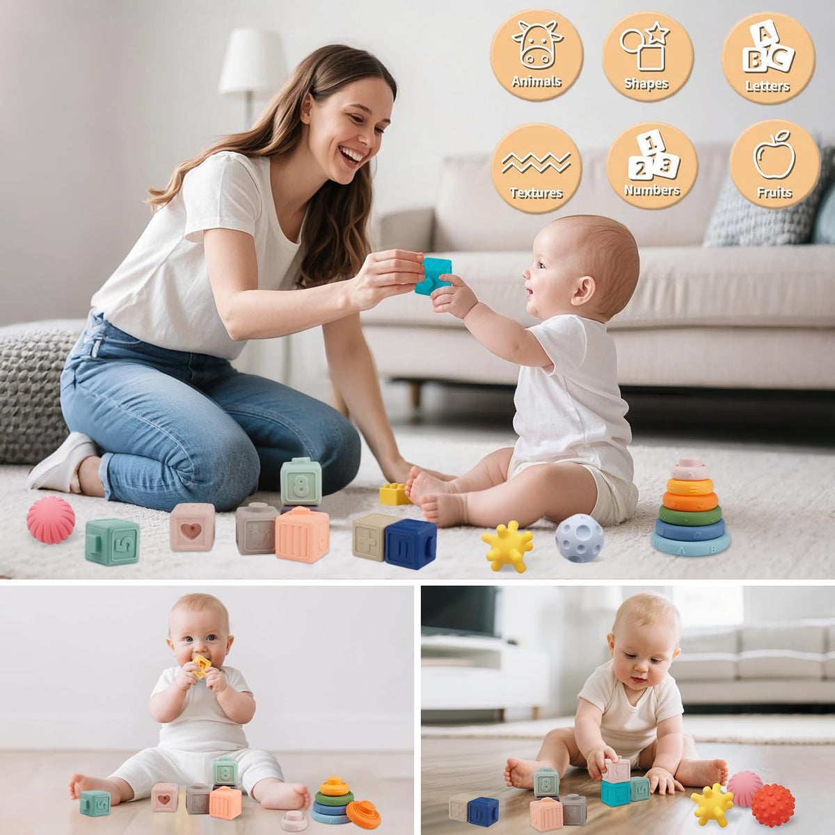Weilim Montessori Baby Toys 18 Months+, 3-in-1 Stacking Blocks Rings Balls