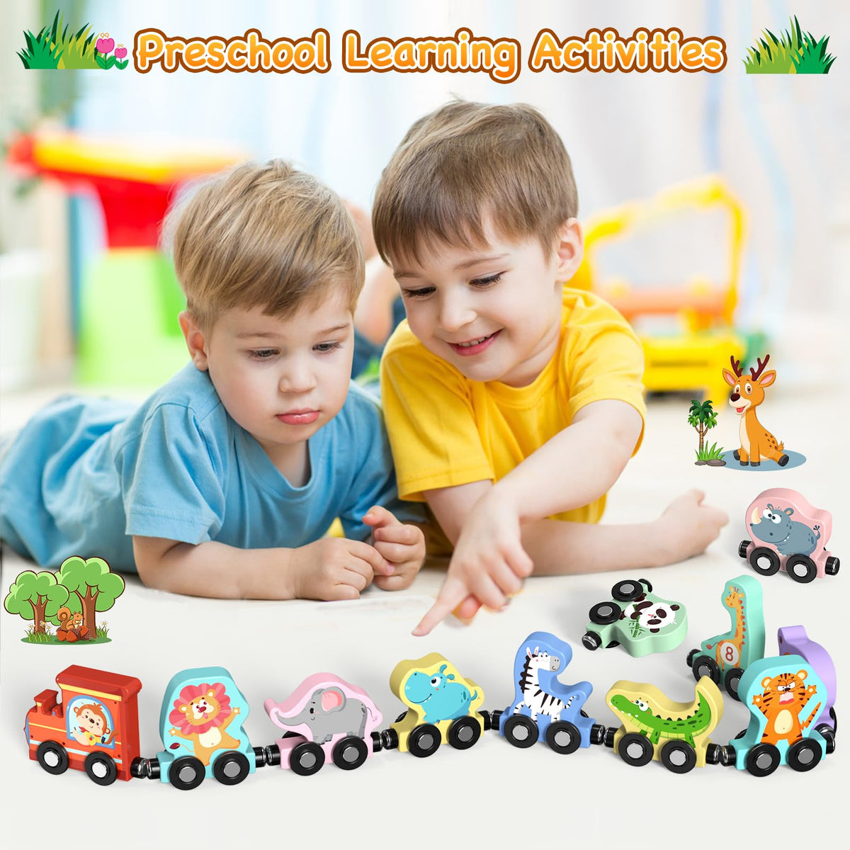 Zeoddler Toys for Toddlers, 11 Magnetic Wooden Animals Train Set, Montessori Toys for Toddlers