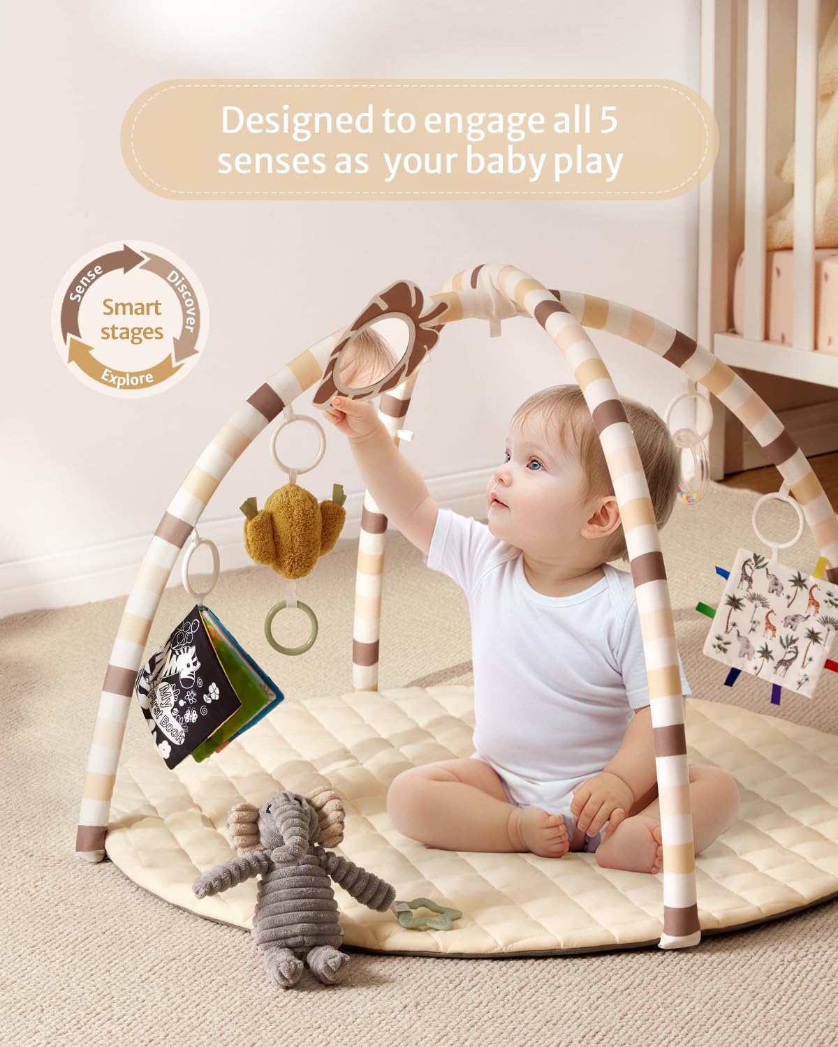 Blissful Diary Baby Play Gym Mat, Tummy Time Activity Mat with 6 Detachable Toys for Stage-Based