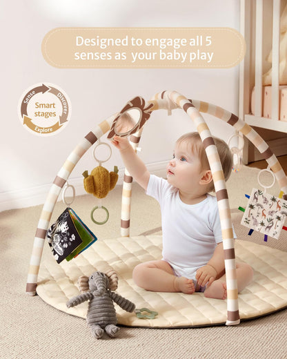 Blissful Diary Baby Play Gym Mat, Tummy Time Activity Mat with 6 Detachable Toys for Stage-Based