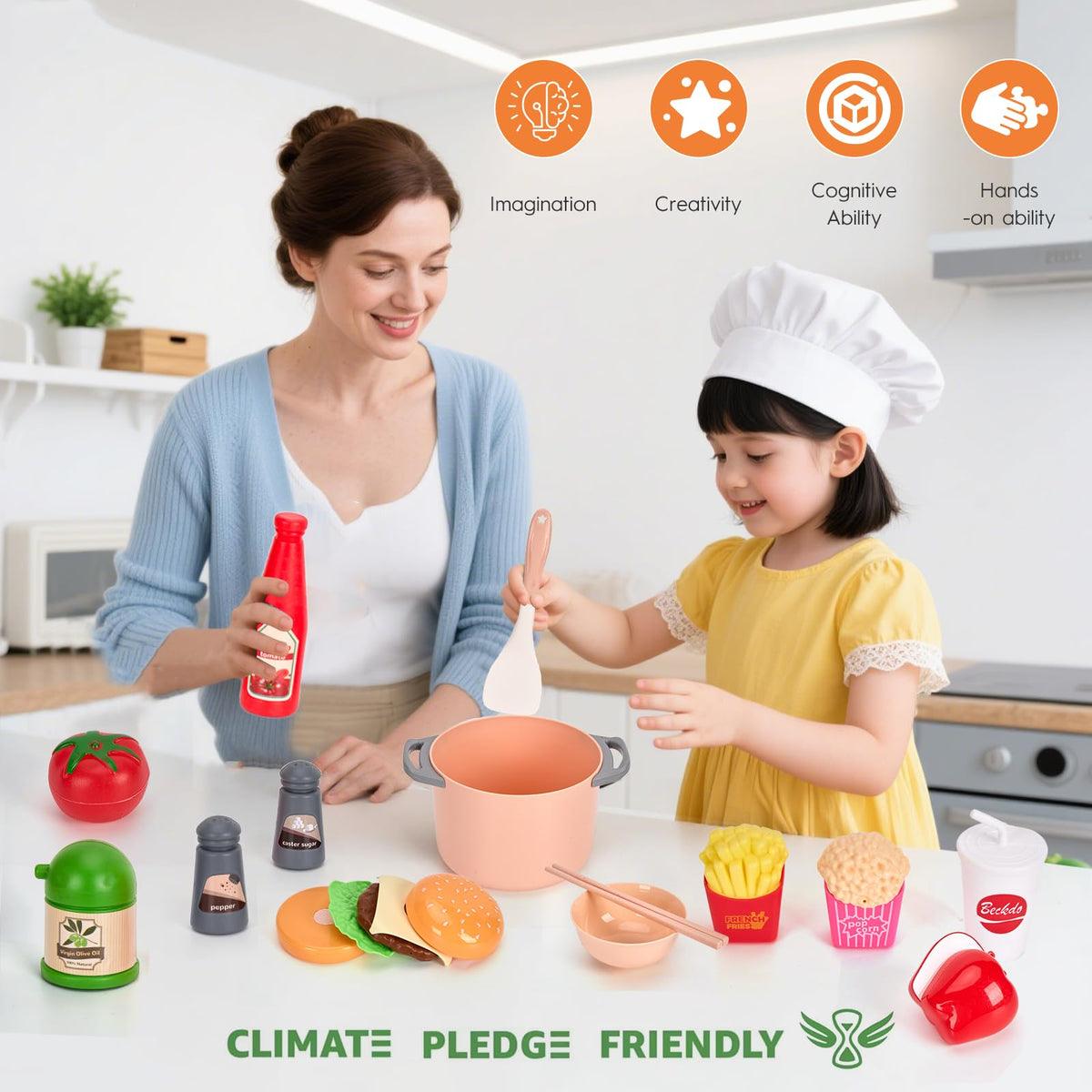 130Pcs Kitchen Playset, Toddler Pretend Cooking Play Pots, Pans, Utensils Cookware, Daily Food
