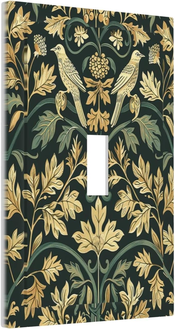 Decorative Light Switch Cover William Morris Vintage Botanical Birds Golden Green Leaves 1 Gang
