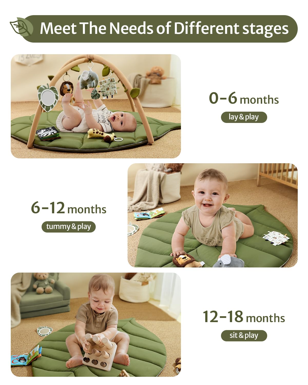 Blissful Diary Baby Play Gym & Activity Mat, Oversize Leaf Shaped Baby Play Mat w 6 Detachable