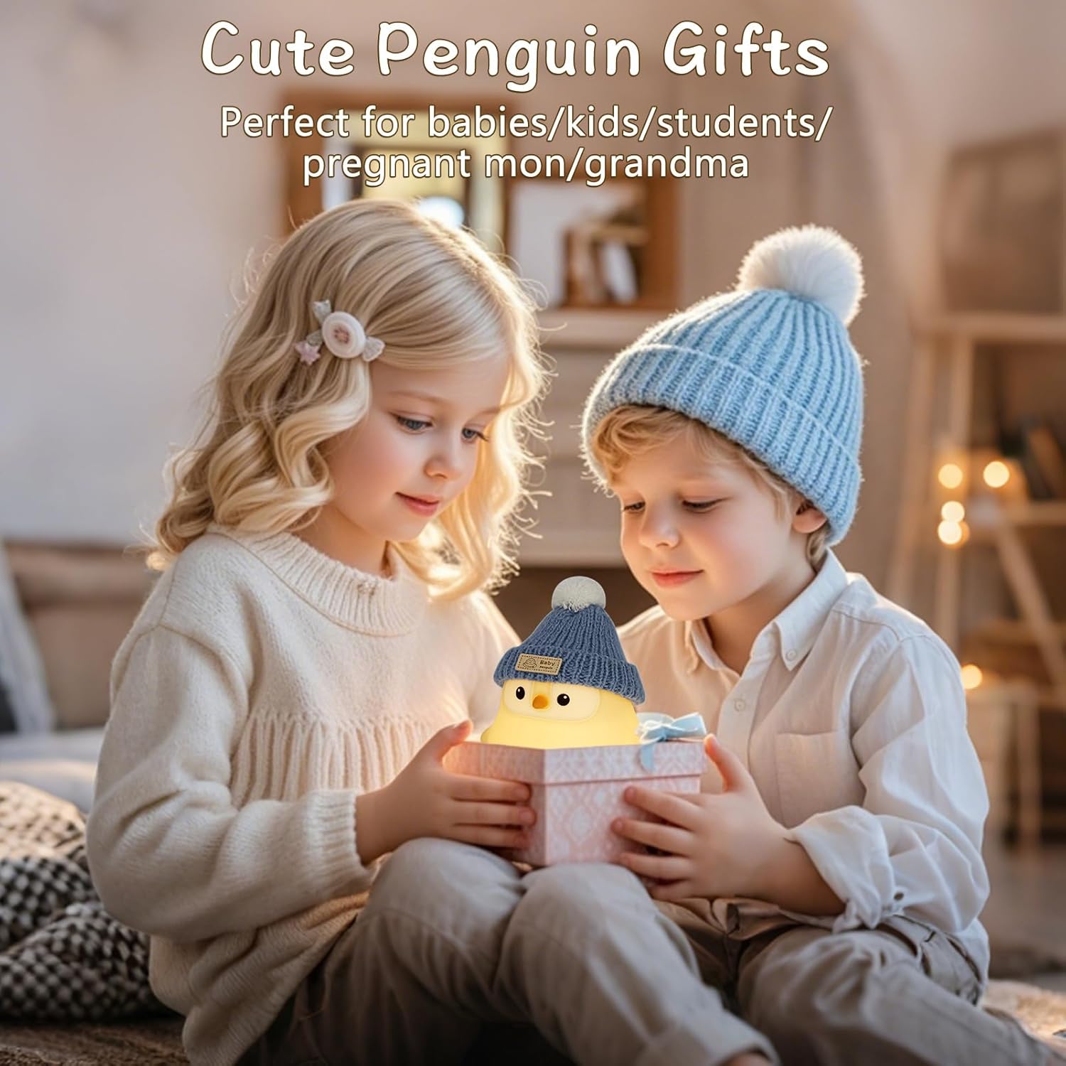 Penguin Lamp with Knit Hat,Kawaii Penguin Night Light,Food Grade Silicone,Dimmable Nursery